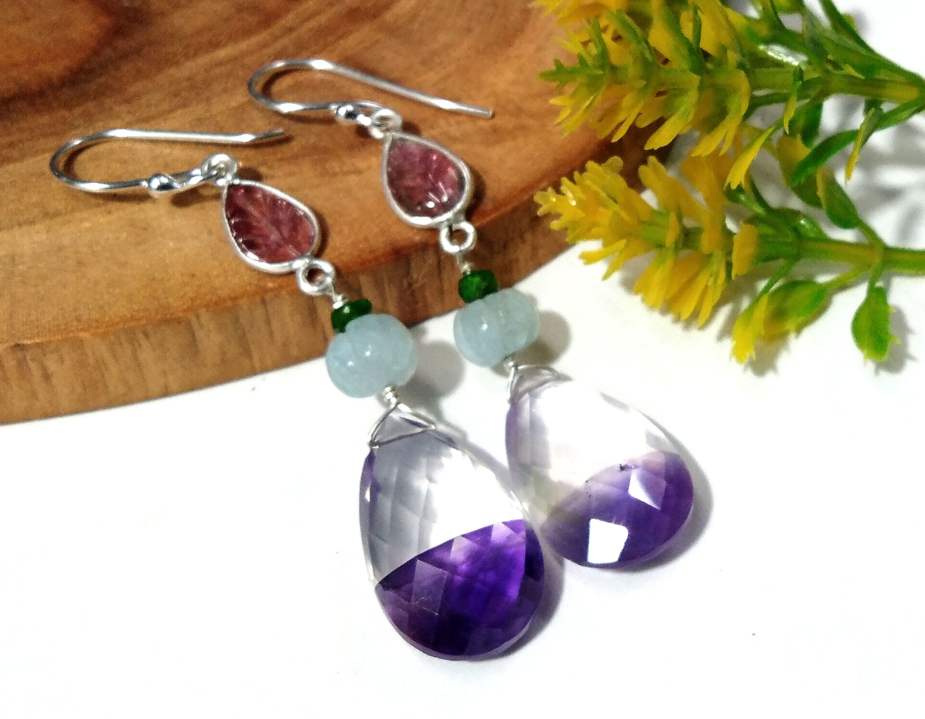Amazing Natural Doublet Light & Dark Amethyst, Aquamarine, Tourmaline Mix Gemstone Earring, 925 Sterling Silver Jewelry For Girls/Women Gift